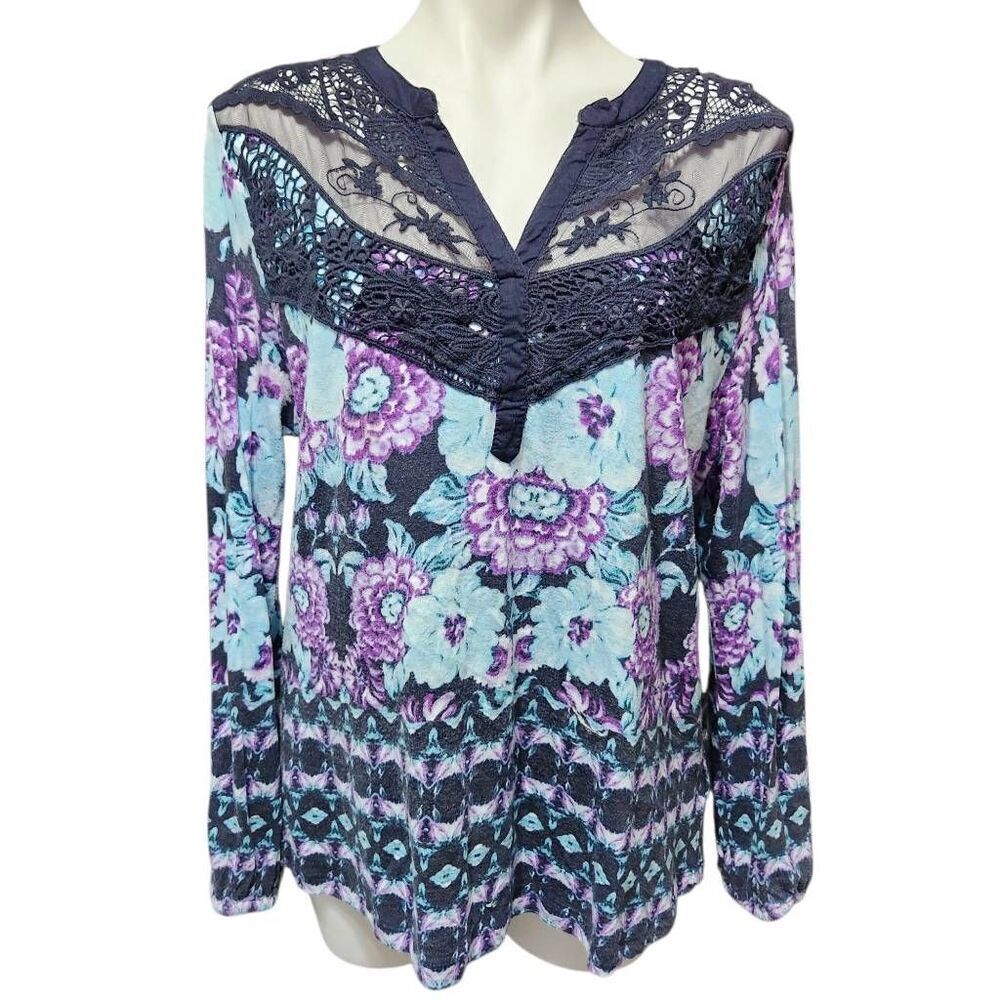Vintage America blues long sleeve boho top floral pattern with lace mesh top XL
